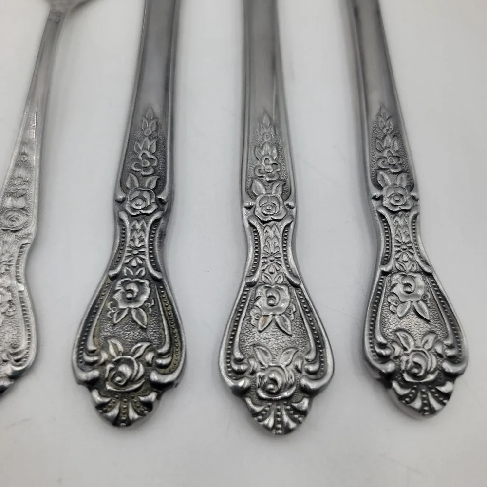 Normandy Stainless Japan Flatware Set 5pc Floral Rose Pattern 3 Knives 2 Spoons